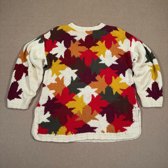 Vintage Fall Leaf Sweater Autumn Maple 80s 90s Ramie Knit BEST American L - Picture 2 of 9